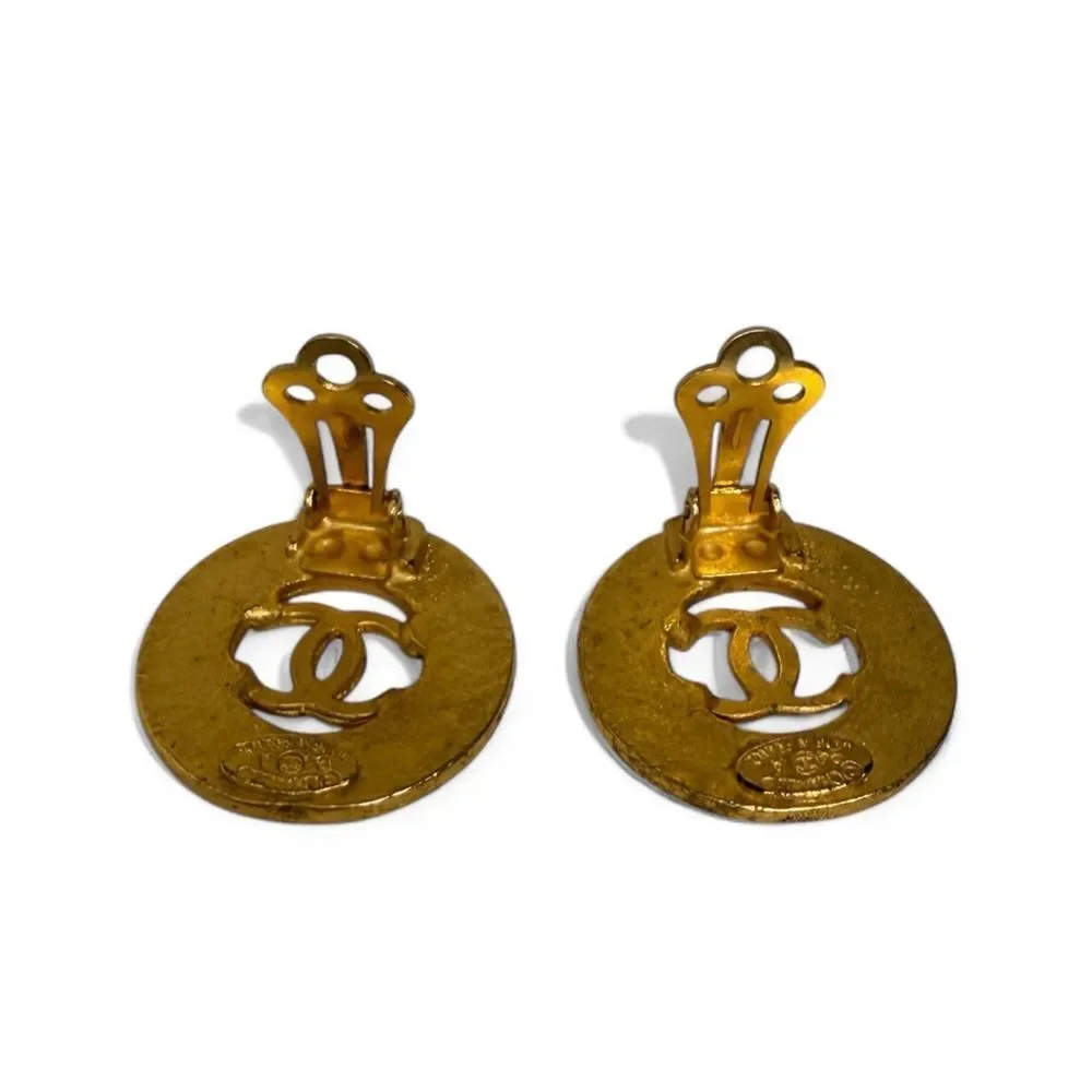CHANEL Vintage CC Logo Gold Plated Circular Earrings